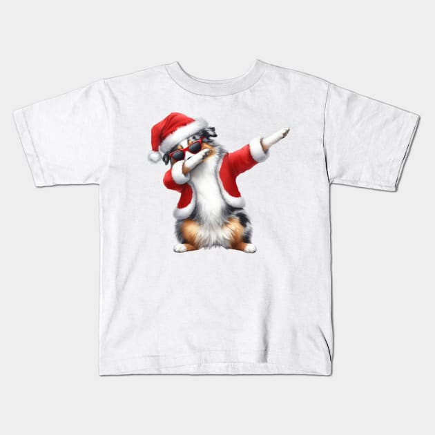 Christmas Australian Shepherd Dog Dabbing Dance Kids T-Shirt by Chromatic Fusion Studio